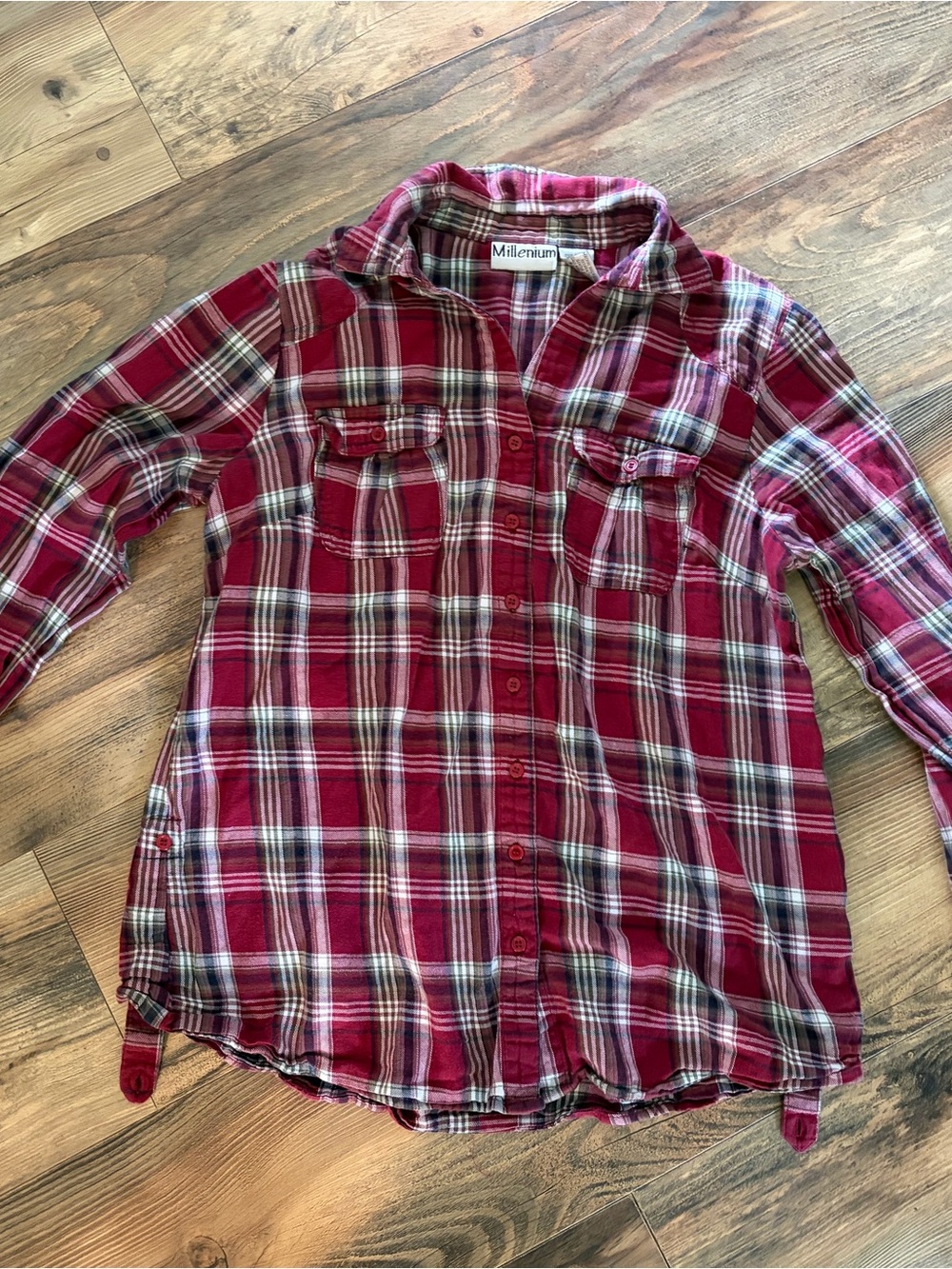 Millennium Women's Burgundy Plaid Button-Down Shirt